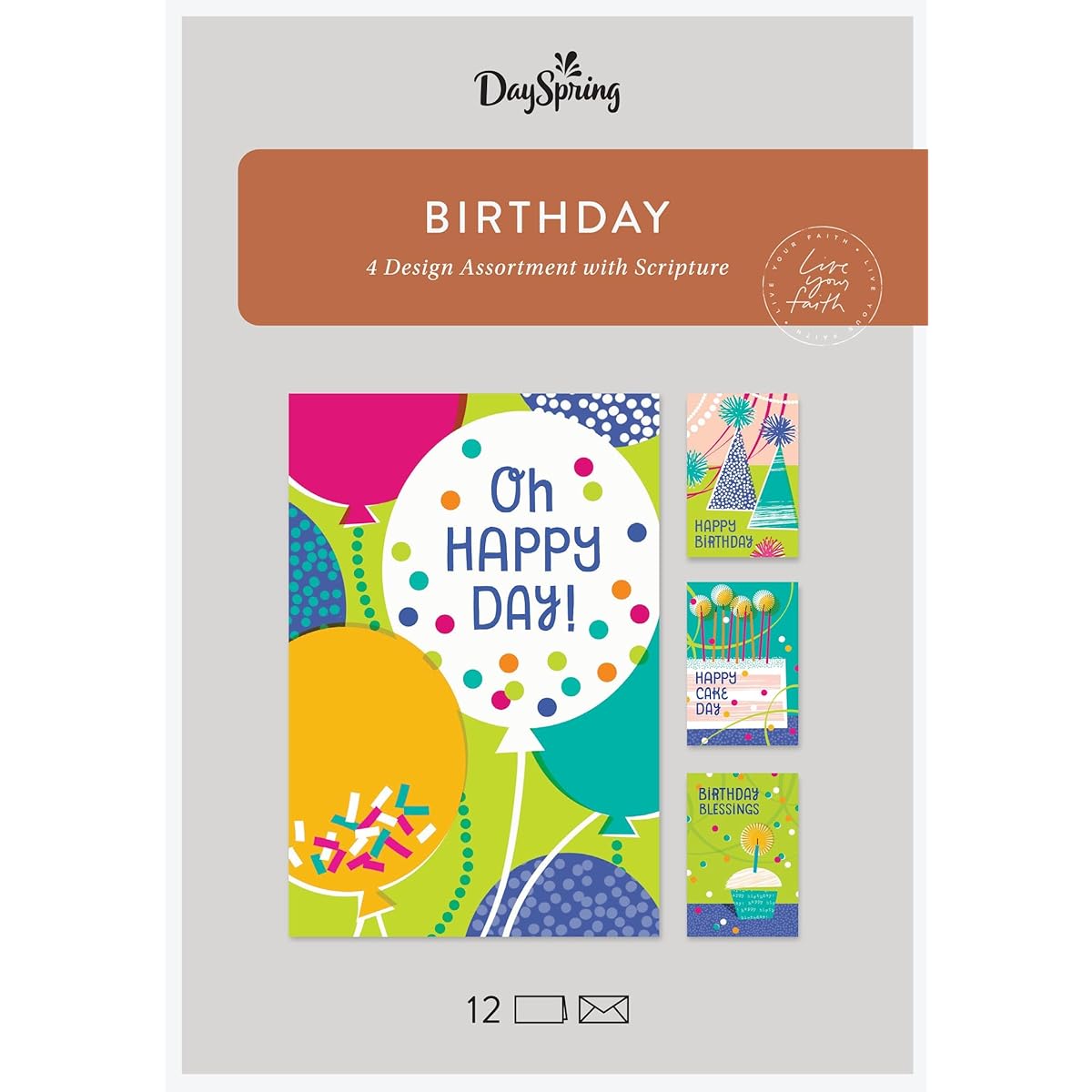 Birthday - Oh Happy Day - Assorted 4th Birthday Art Designs with Bible - 12 Birthday Boxed Cards and Envelopes