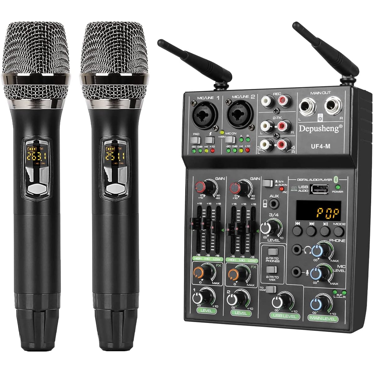 Depusheng Studio Audio Sound Mixer Board - 4 Channel Bluetooth Compatible Professional Portable Digital DJ Mixing Console with Wireless Microphone - Mixing Board for Studio Recording