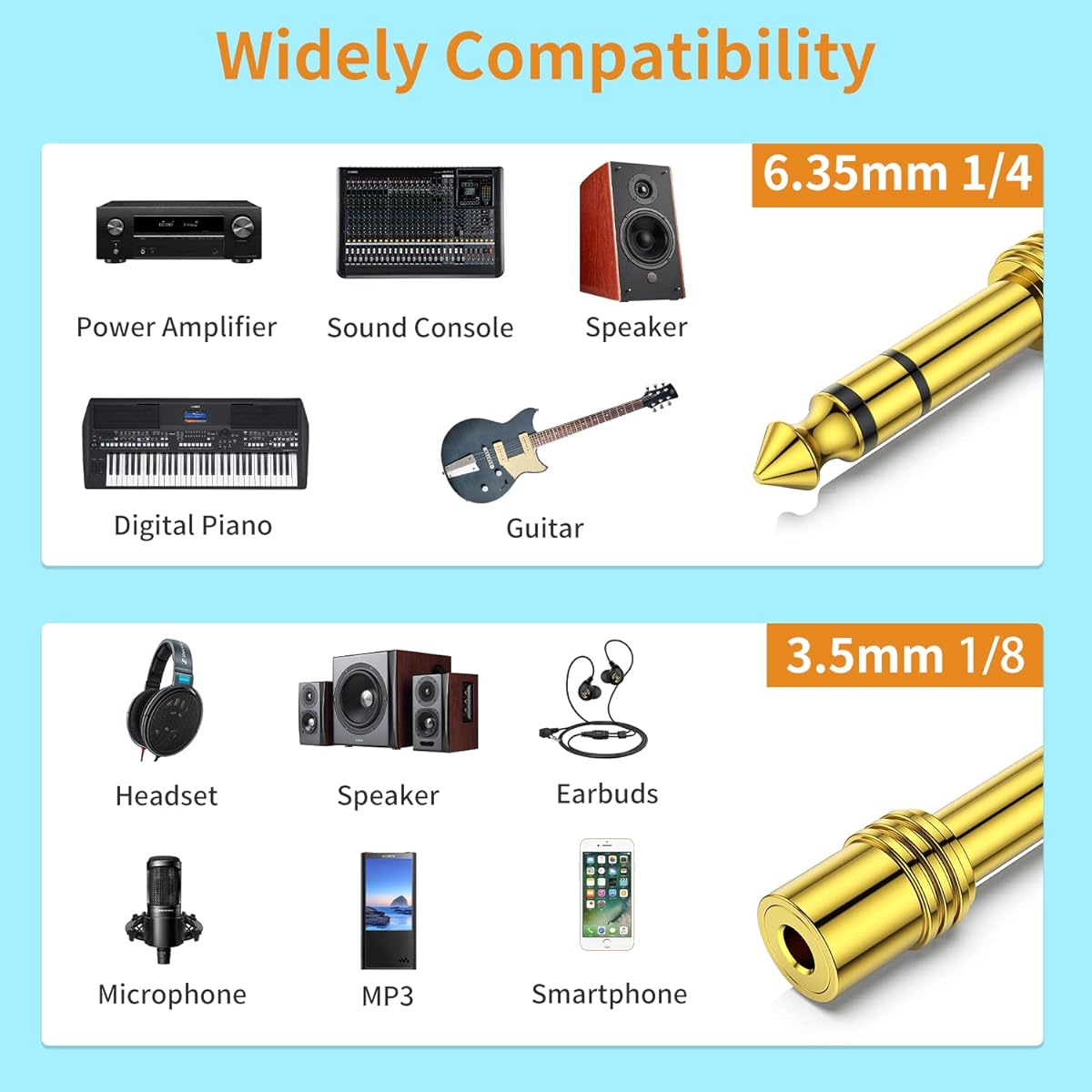 6.35mm 1/4 Male to 3.5mm 1/8 Female Stereo Headphone Adapter TRS Audio Jack Plug Gold Plated for Amplifier Guitar Keyboard Piano Laptop Home Theater Phone 3 Pack