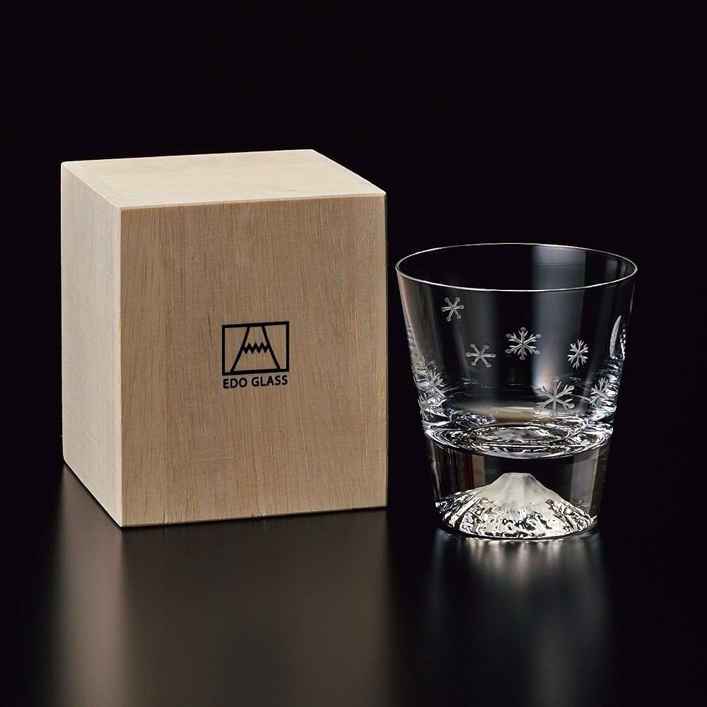 Tajima Glass Edo Glass Mt. Fuji Glass Rocks Glass in Wooden Box (Moon and Snowflake)