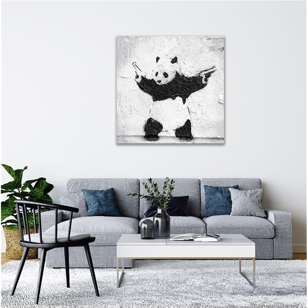 Banksy Art Panel Extra Large Panda Holds a Gun Painting Animal Poster Interior Painting Entrance Wall Painting Wall Hanging Art Finished Product with Wooden Frame (60*60cm)