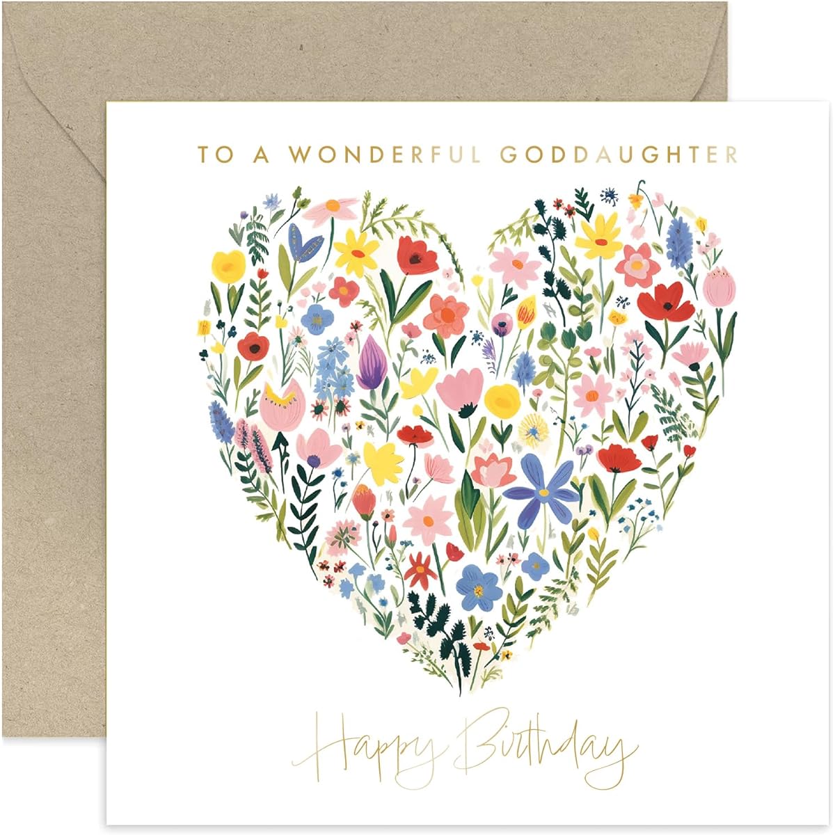 Old English Co. Amazing Goddaughter Birthday Card for Her - Floral Heart Painting Gold Foil Card - Cute Birthday Card for Women - Female Birthday Card Gift - Flower Card | Blank Inner Envelope