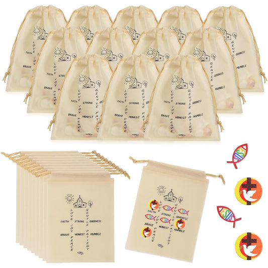 Tic Tac Toe Game Christian Religion Party Favors 240 Mini Wooden Jesus Fish Game Pieces 24 Drawstring Bags for Kids Sunday School Prizes Church Carnival Back to School Rewards