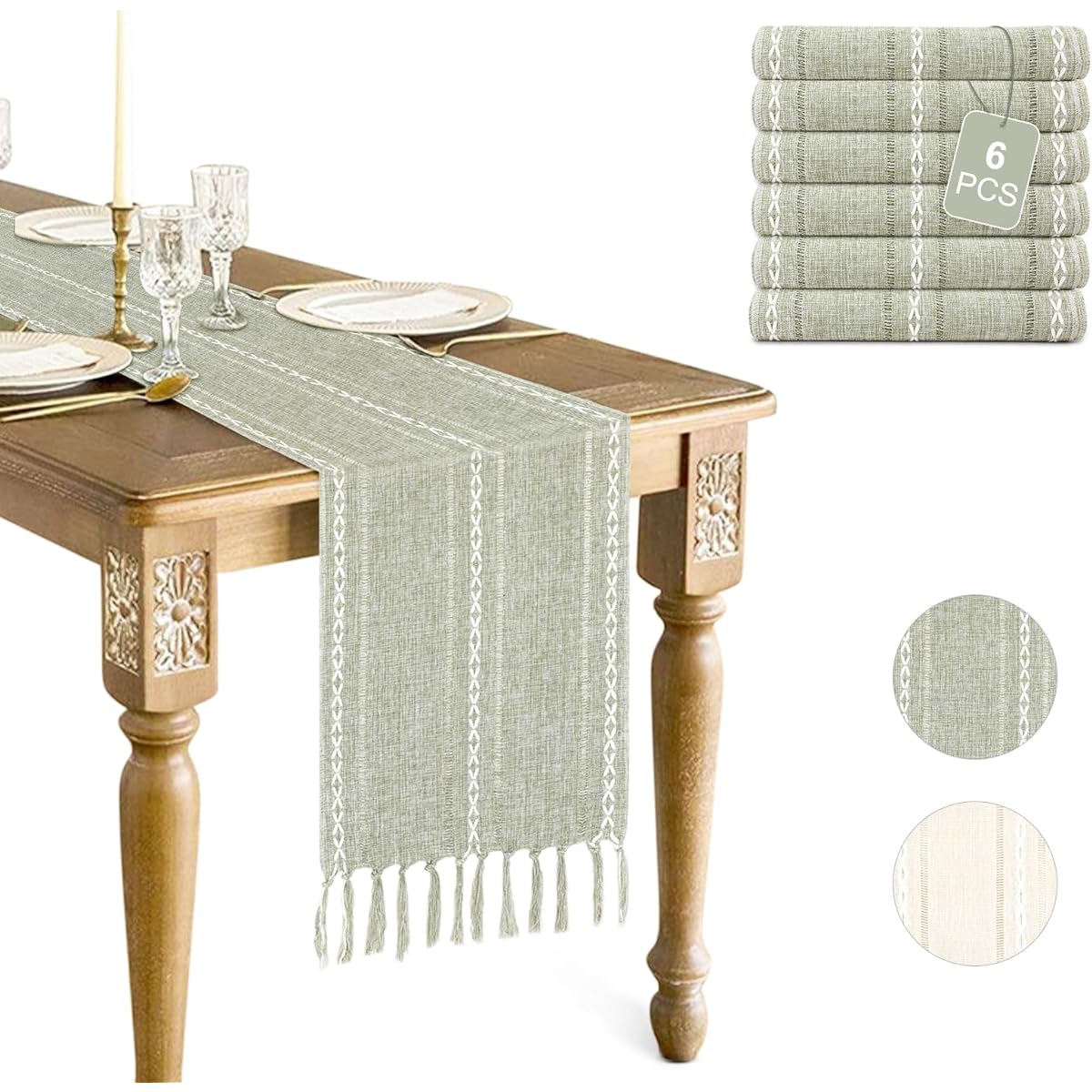Rustic Farmhouse Style Table Runners Cotton Linen Table with Tassels Christmas and Dining Decor Table Runners 72 Inch Long Olive Green 6 Pieces