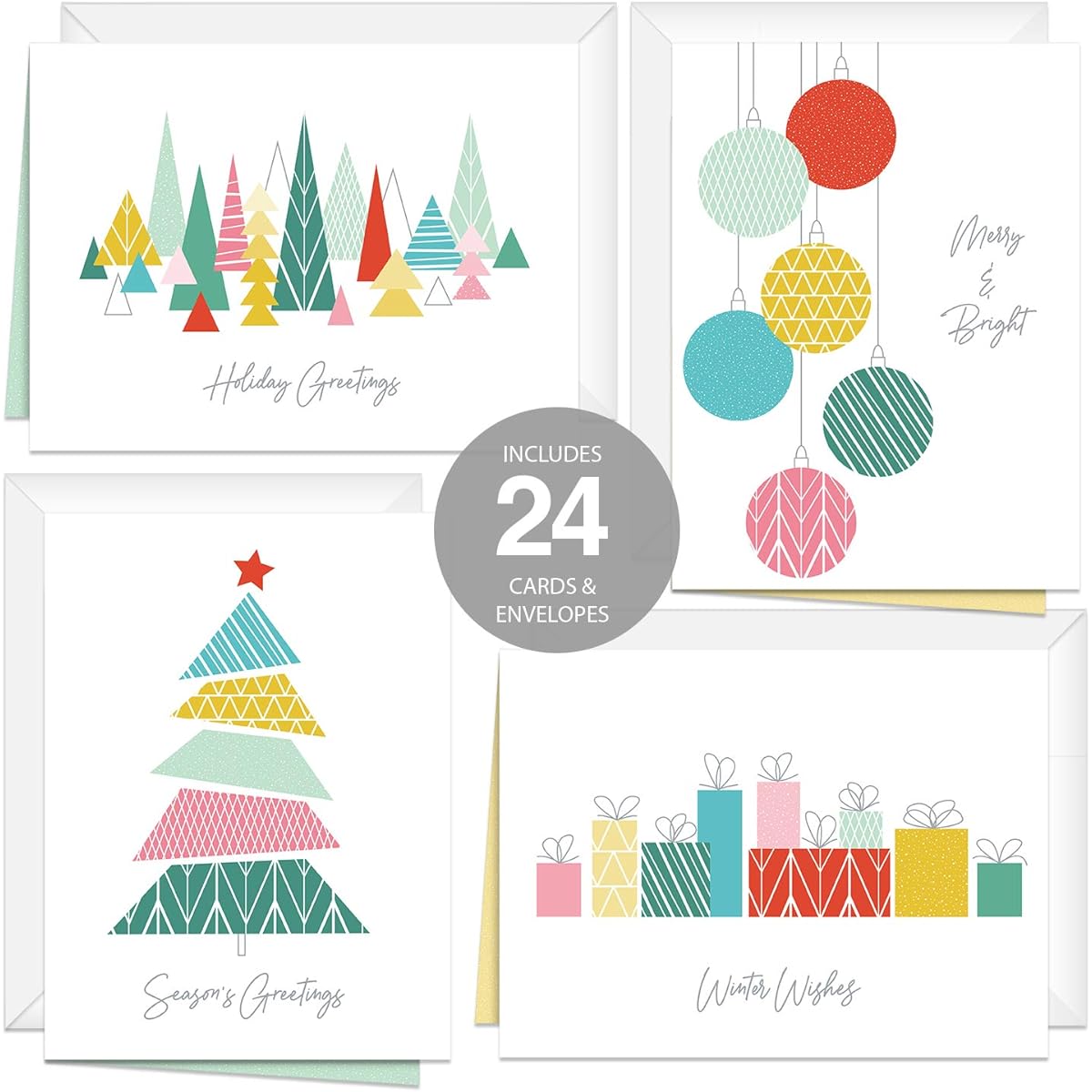 Modern Patterns Holiday Card Pack / 24 Cards and White Envelopes / Festive & Fun 6 1/4" x 4 5/8" Christmas Notecards
