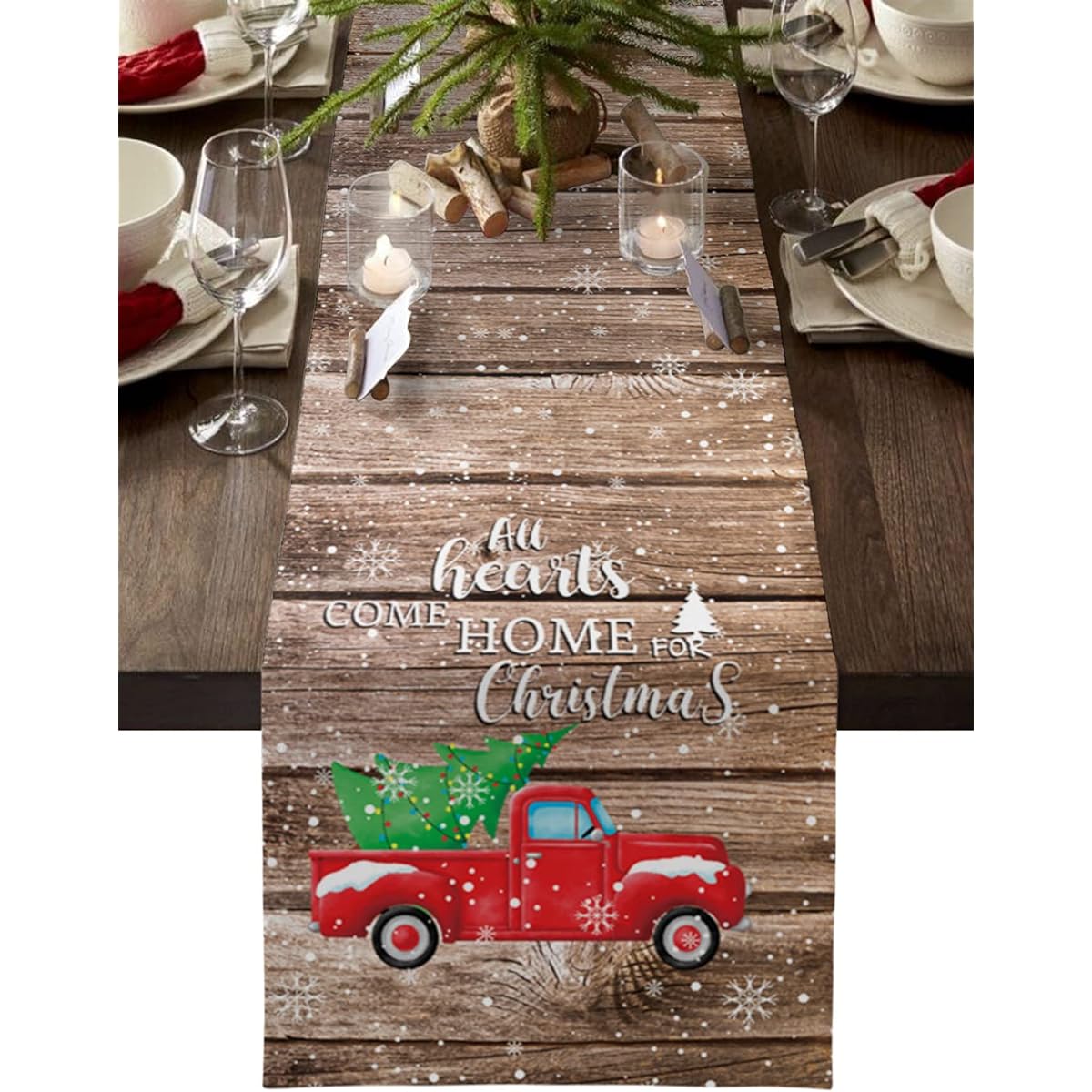 Christmas Red Truck Table Runner Cotton Linen Winter Dinner Scarf Decorative Long 90 Inch Holiday Christmas Tree Dresser Scarf Farmhouse Coffee/Dining Living Room Table Runner Heart Comes Home for Christmas