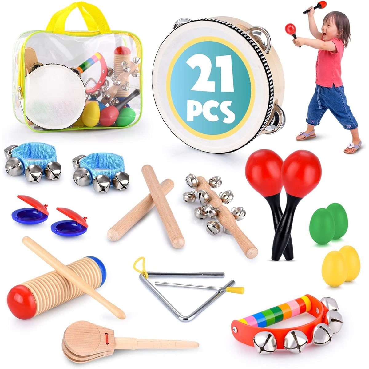 21 Piece Early Childhood Educational & Musical Percussion Instrument Set for Kids & Children – Includes Tambourine, Maracas, Castanets & More – Promotes Fine Motor Skills, Enhances Hand-Eye Coordination,