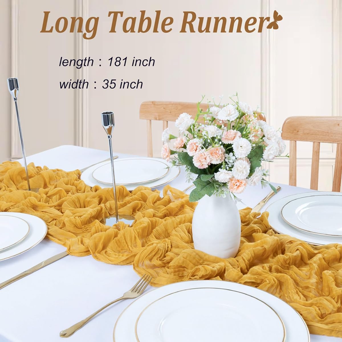 TuTive Cheesecloth Table Runner 15ft Wrinkle Gauze Table Runner Boho Table Runner for Wedding Birthday Party Bridal Shower Reception Dining Table Decorations Everyday Use at Home (Yellow, 35x181 Inch)