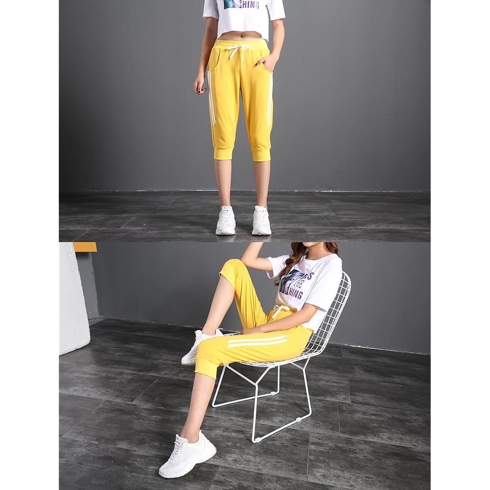 [RAKUKOU] Women's Sweatpants, 3/4 Length, Cotton, Sports, 2 Lines, Shorts, Summer, with Pockets, Casual Wear, Soft, Breathable, Stretchy, Sweat Absorbent, Yoga, Running