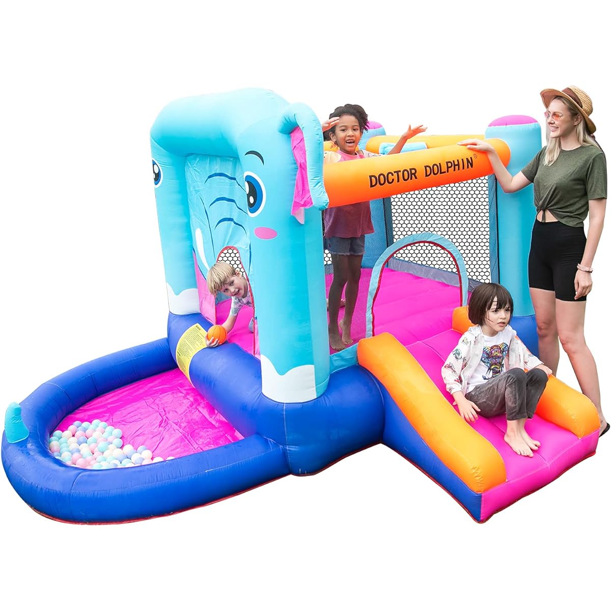 Dr. Dolphin Bounce House with Toddler Slide Bounce House 5-12 Years Kids Slide with Blower Bouncy House Outdoor Indoor Jumping House with Ball Pit and Slide (Elephant Shape)