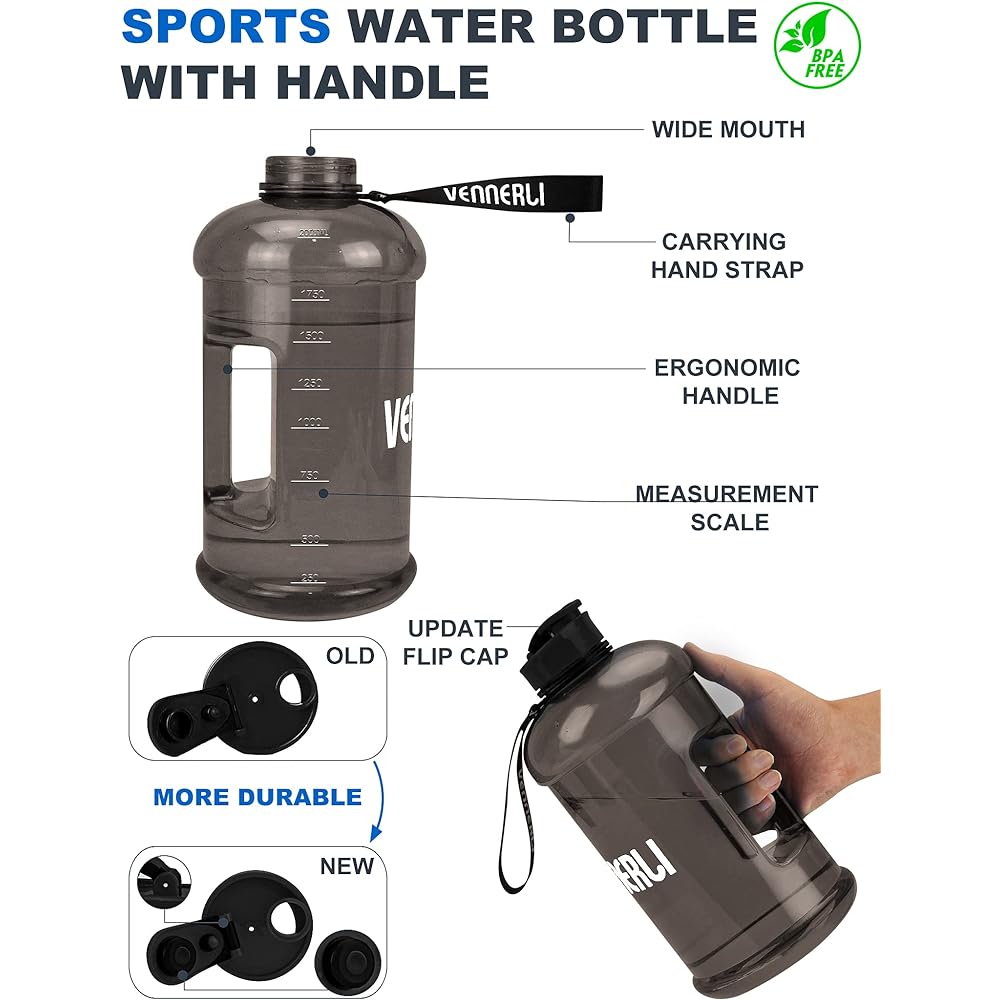 VENNERLI Half Gallon Water Bottle 2.2L Large Sports Water Bottle with Handle 72oz BPA Free Reusable Plastic Water Jug Leak Proof Hydro Bottle for Gym Yoga Travel Camping Cycling Outdoor Sports (Black)