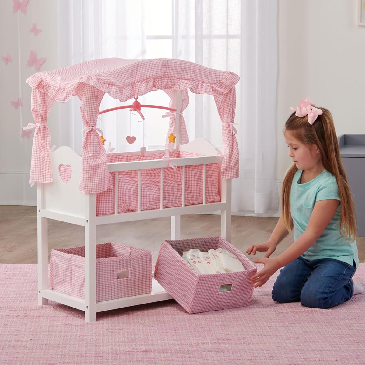 Badger Basket Canopy Doll Crib with Basket, Bedding and Mobile (Fits American Girl Dolls)
