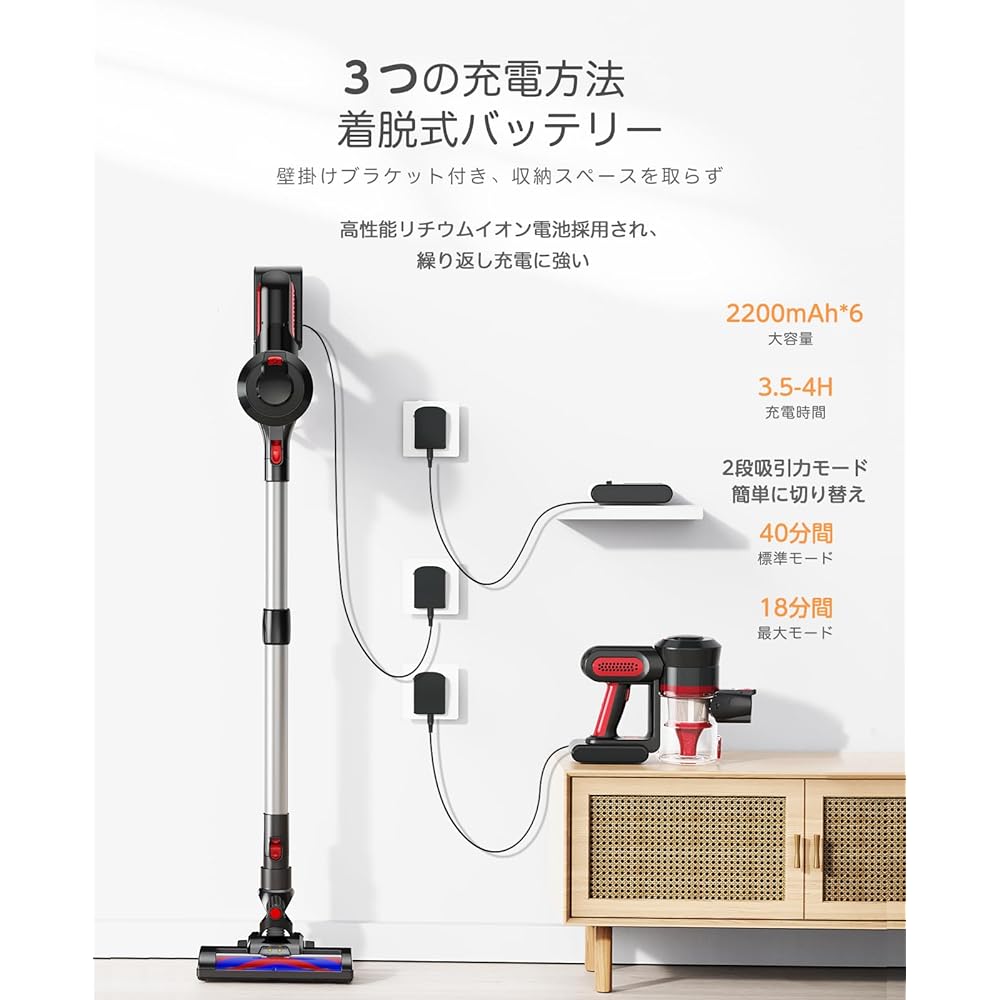 Dapsang Cordless Vacuum Cleaner, 28,000 Pa, Strong Suction & 24 Level Pipe Adjustment & 40 Minutes of Operation, Advanced Stick Cleaner, Handy Vacuum Cleaner, 2-Way, Lightweight, Cyclone, Removable