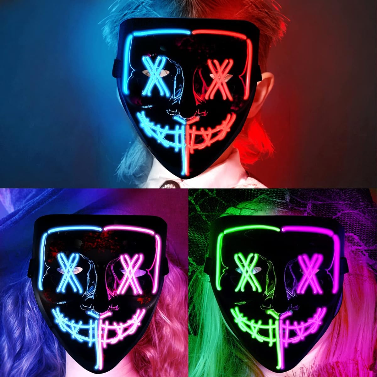 Halloween Scary Mask LED Mask LED Purge Mask [3 Pack] LED Light Up Mask EL Wire Light Up Festival Cosplay Halloween Costume for Halloween Festival Party