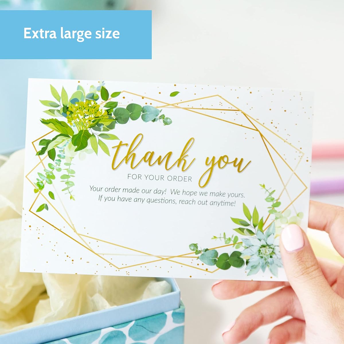 50 Extra Large Thank You Cards for Your Order - 4x6 Inch Faux Gold and Greenery Bulk Package Inserts for Small Business Purchases