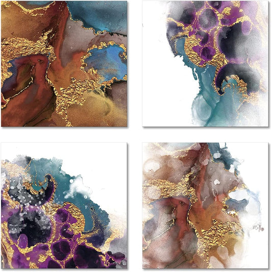 Gold Purple Teal Canvas Wall Art 4 Piece Abstract Print Modern Watercolor Artwork