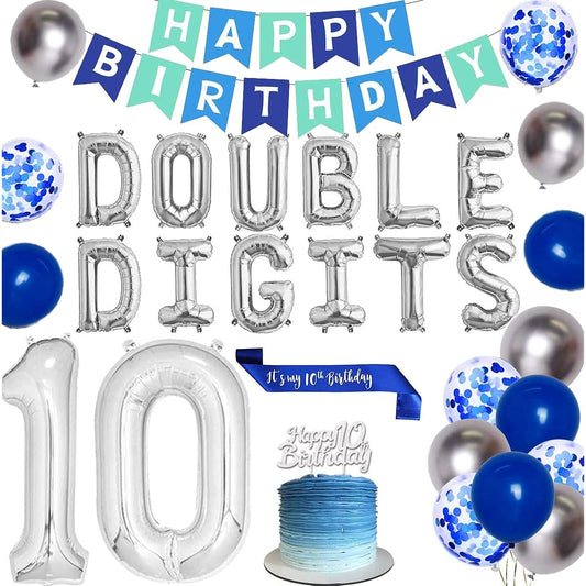 2 Digit 10th Birthday Decorations Blue Balloons Boys Girls 10th Birthday Party Supplies Happy Birthday Banner Sash Cake Topper Confetti Balloons 30 Pieces