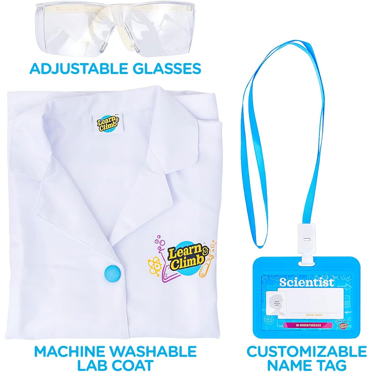 Learn & Climb Scientist Lab Coat for Kids Ages 3-7 Kids Scientist Costume 3 Piece Set with Goggles & ID Card