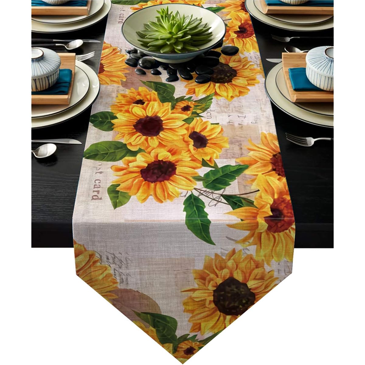 Vandarllin Burlap Table Runner Dresser Sunflowers Old Paper Rustic Cotton Linen Tablecloth Cover Farmhouse Kitchen Dining Party Holiday Decorations for Outdoor 14"W x 72"L Yellow