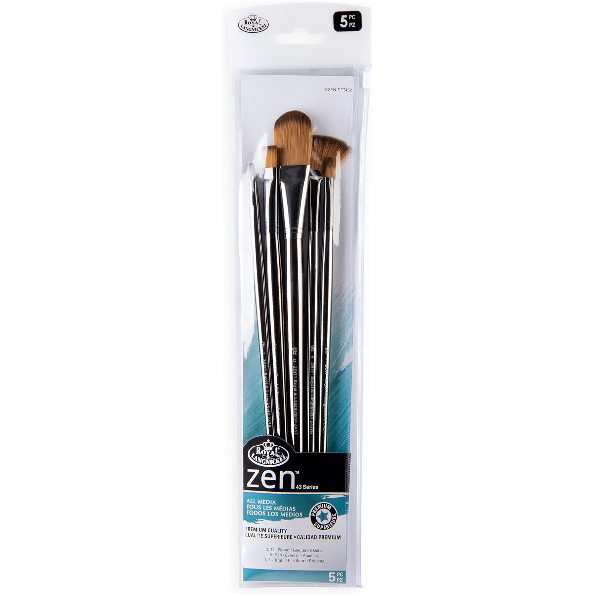 Royal & LangNickel Zen 5 Piece Long Handle Brush Set Filbert Fan Bright Brush