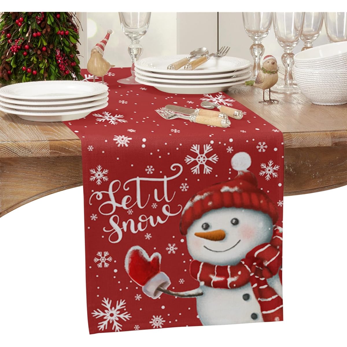 Ldtrchee Red Christmas Snowman Table Runner - Cotton Linen 120" Long White Snowflake Christmas Table Runner Dress Scarf Snow Merry Christmas Table Runner for Dining/Coffee/Baby Shower/Party