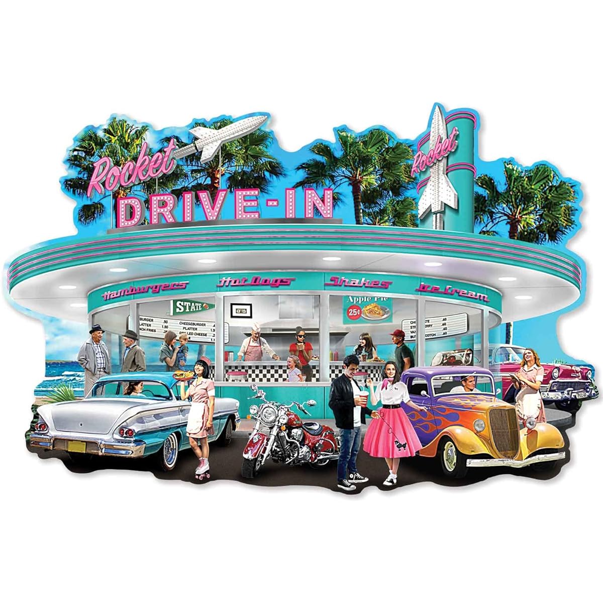 Bits and Pieces 750 Piece Jigsaw Puzzle for Adults 20" x 27" Rocket Drive-In Classic Car Retro Diner Jigsaw Puzzle Chris Dobrowolski