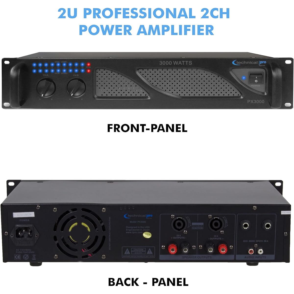 Technical Pro Professional 3000 Watt 2U 2 Channel DJ Power Amplifier with Dual Cooling Speed Fans and Integrated Power Stabilizer