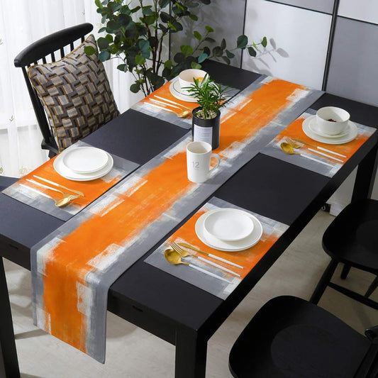 6 Table Runners with Placemats Orange and Gray Abstract Art Texture Cotton Linen Dining Mat Set Heat Resistant Washable for Dining Table/Kitchen/Living Room/Office/Picnic 13 x 90 Inches