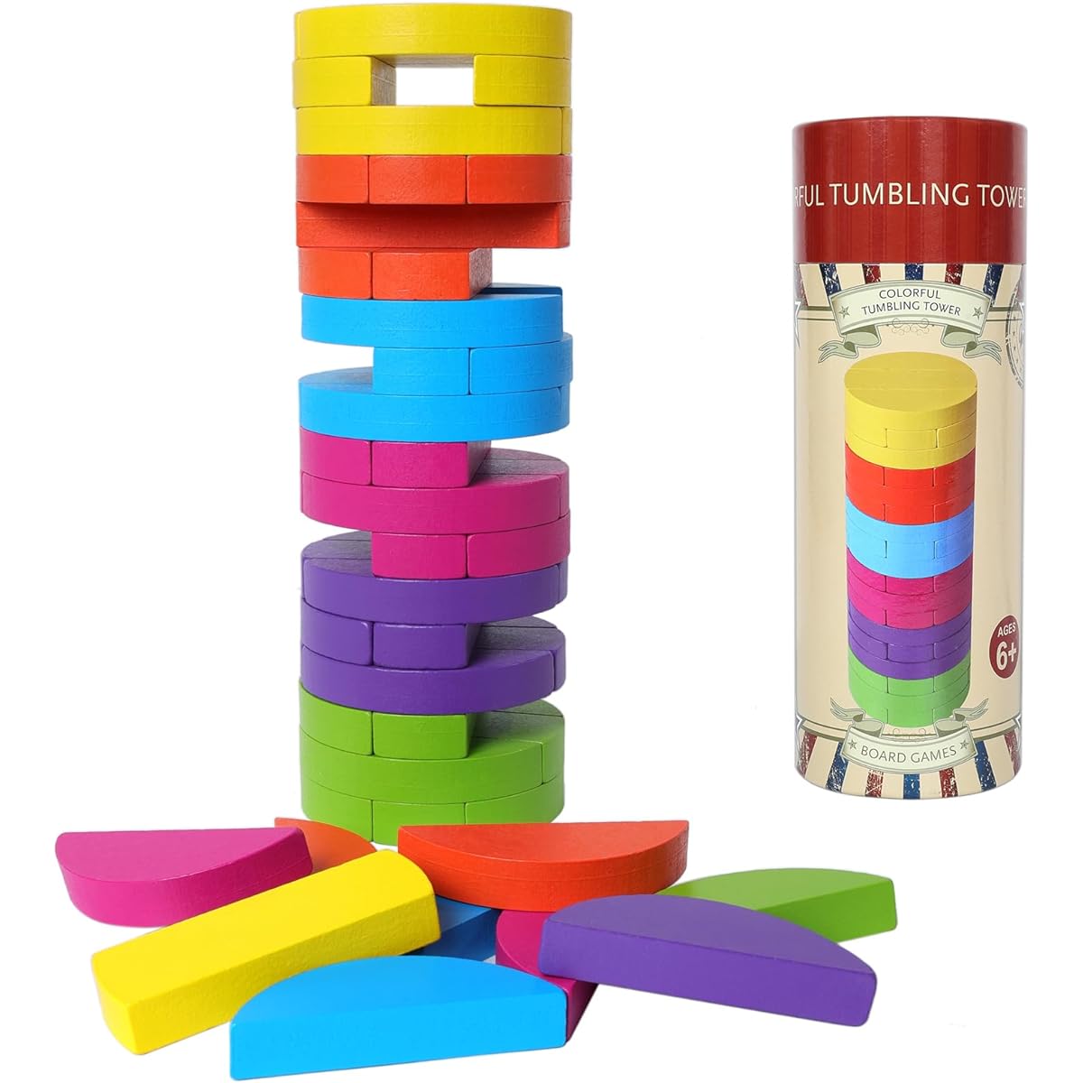 GOTHINK Round Colorful Tower Tumbling Blocks Game, 54 Colorful Pieces, Family Game Night Classic Game, Great for Adults and Kids