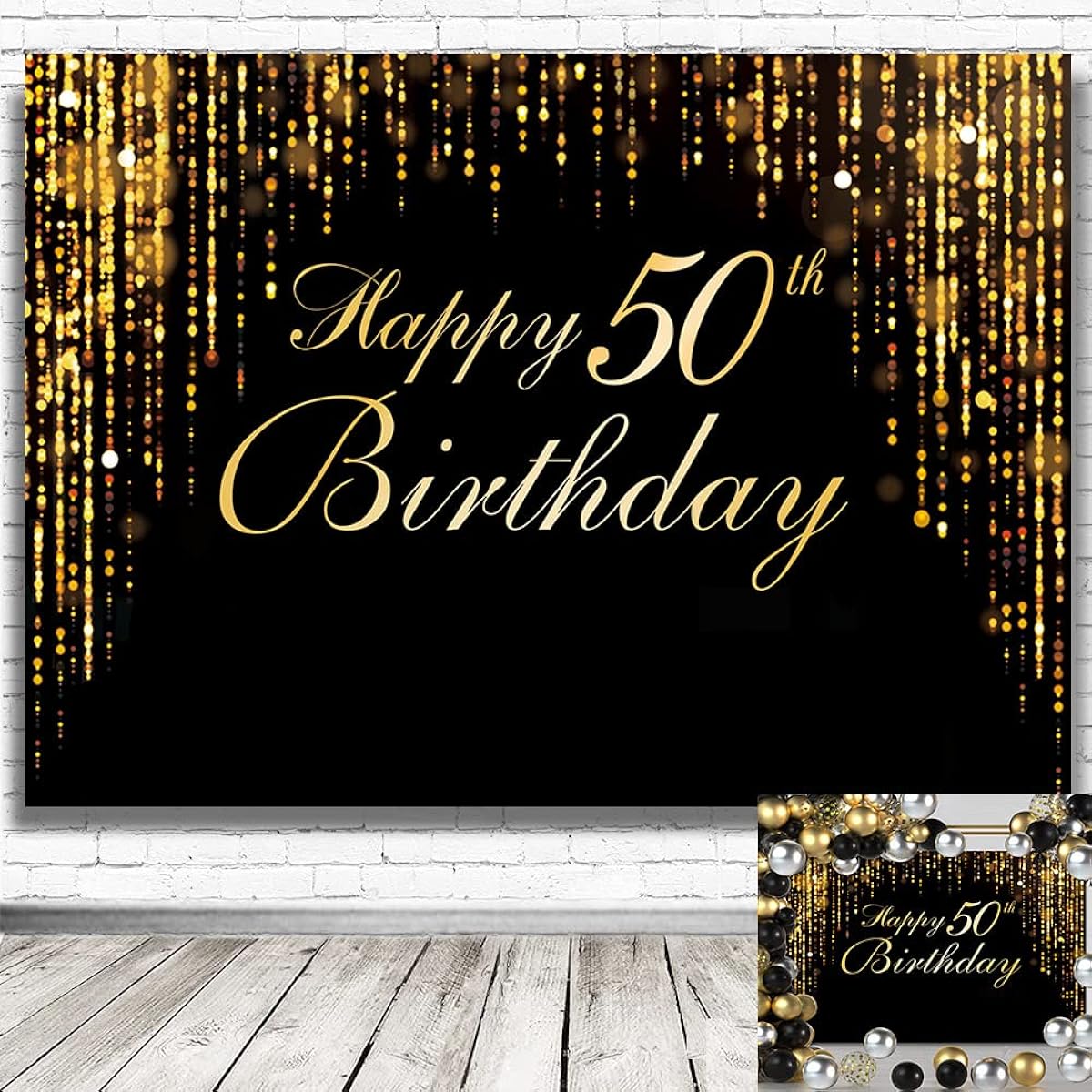 Happy 50th Birthday Party Decorations Backdrop Black Gold Glitter Bokeh Dots Birthday Party Photo Background Cake Table Banner Oversized Wall Decor Props Party Decorations Supplies(73" x 50")