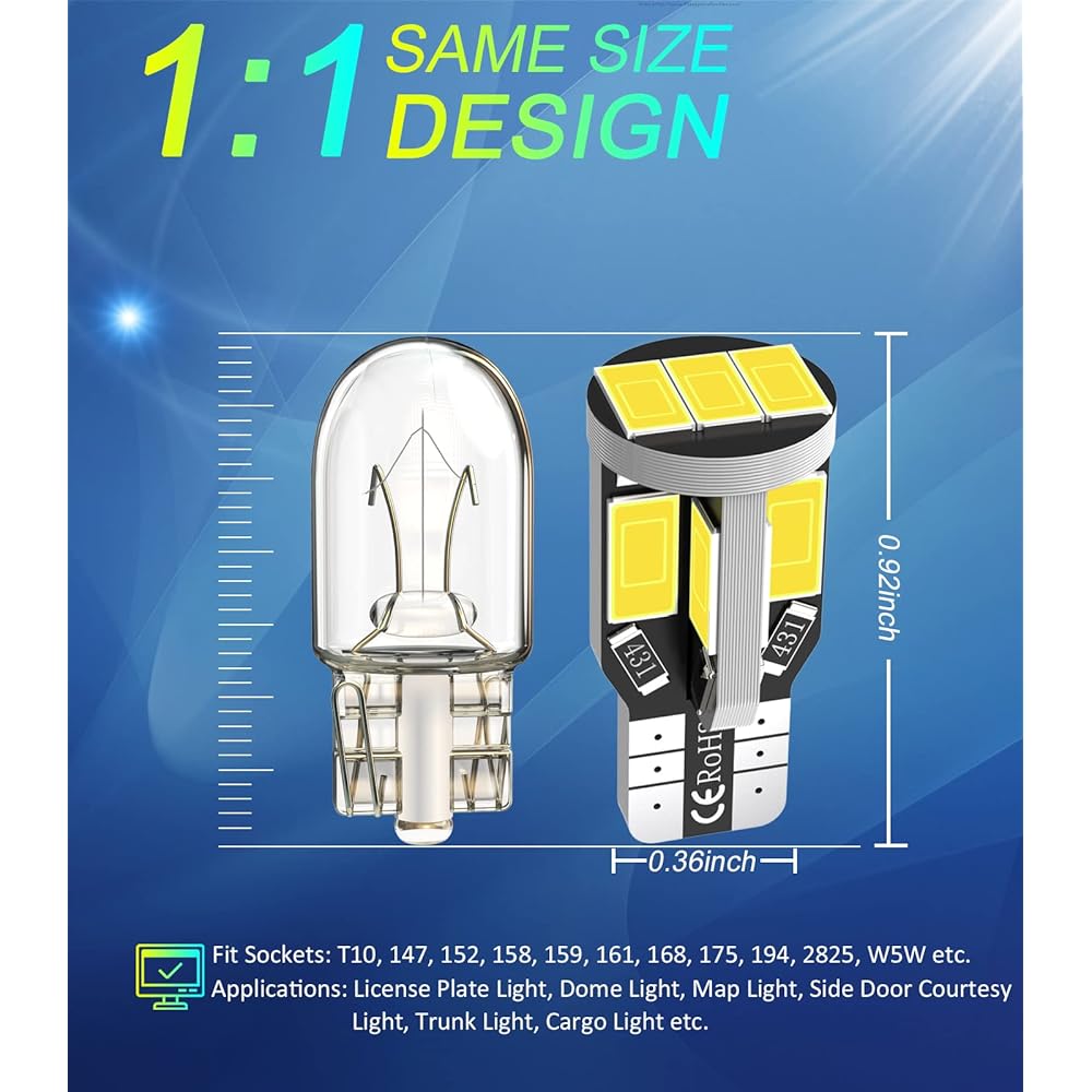 194 LED Car Light Bulb T10 168 2825 W5W LED Bulb Very Bright 12V 11SMD 5630 Chipset LED Bulb Car Truck Interior Dome Map Door Courtesy License Plate Light 6500K White (10pcs/Pack)