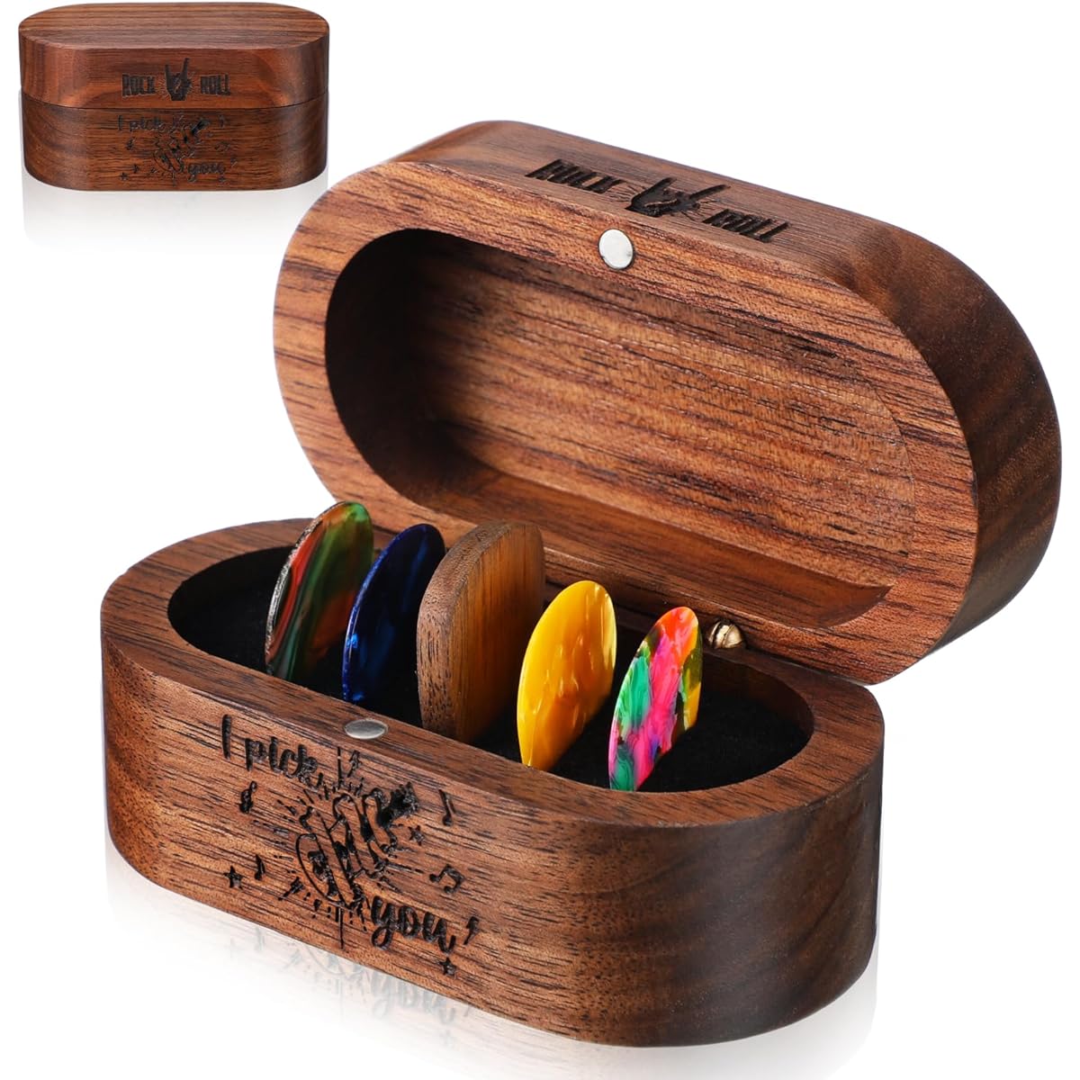 Lukmaa Black Walnut Guitar Pick Holder with 1 Wooden Pick and 6 Celluloid Picks in 3 Thickness Cool and Exquisite Guitar Accessories Gift for Musician, Rock and Roll, Him, Husband, Boyfriend, Teens.