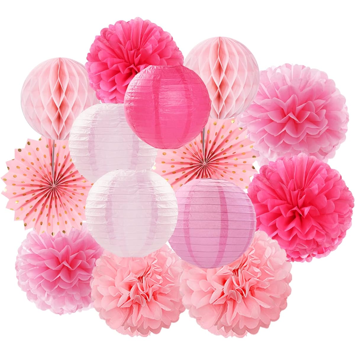 Rose Hot Pink Party Decorations Streamers - 14 Pieces Girls Birthday Baby Shower Paper Lantern Fan Tissue Pom Poms Honeycomb Balls Bachelorette Bridal Wedding Engagement Supplies Decor Long Lasting Surprise