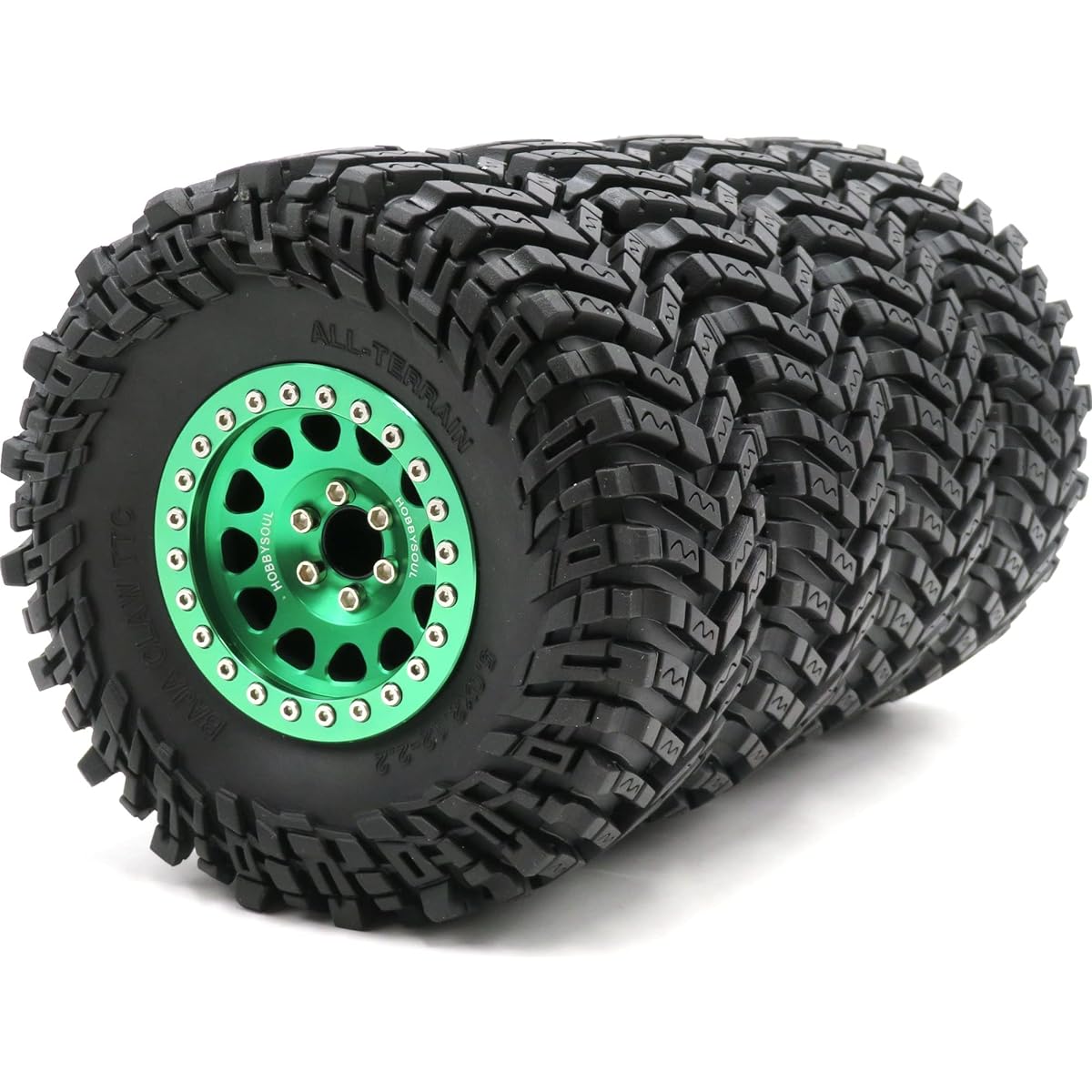 HOBBYSOUL 4pcs RC 2.2 All Terrain Tires Soft Super Grip Sticky Mud Crawler Baja Claw Tires 127mm/5.0inch & Aluminum 2.2 Beadlock Wheels Hex 12mm Rims Green Color