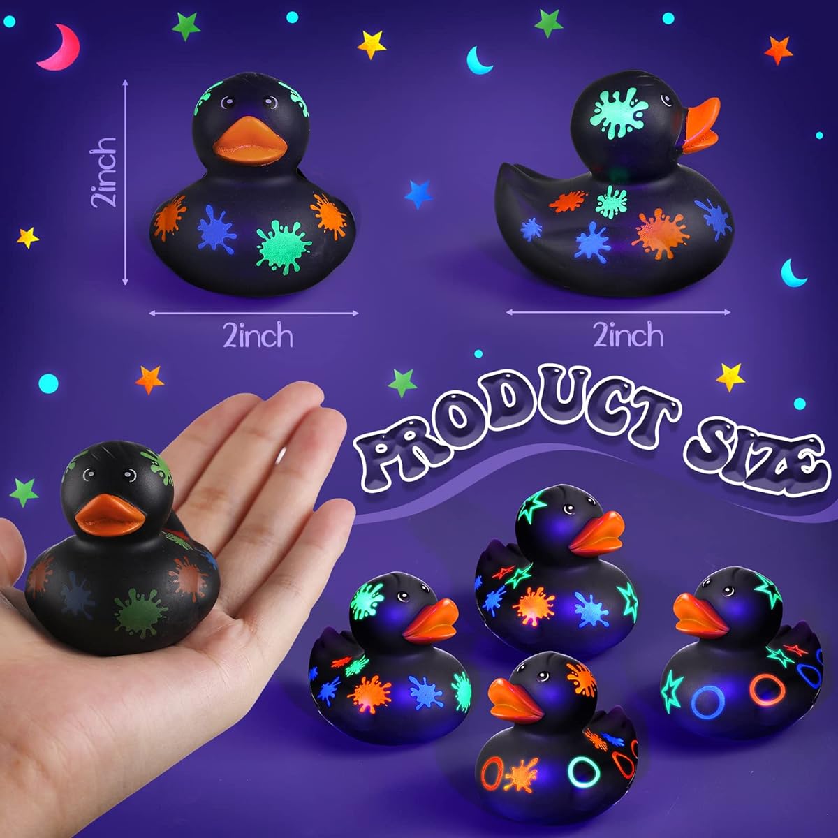 Jerify 2" Black Rubber Duckies Glow in UV Light Blacklight Party Rubber Ducks UV Neon Cruise Rubber Duck Toys Fluorescent Birthday Party Supplies Decorations (24pcs)