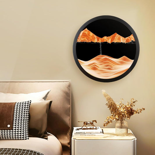 17.3" Moving Sand Art Picture Round Glass 3D Deep Sea Sand View Room Decor, Glass Craft Solid Wood Frame, Relaxing Mood Home Office Work Wall Art Decor (17.3", Orange)