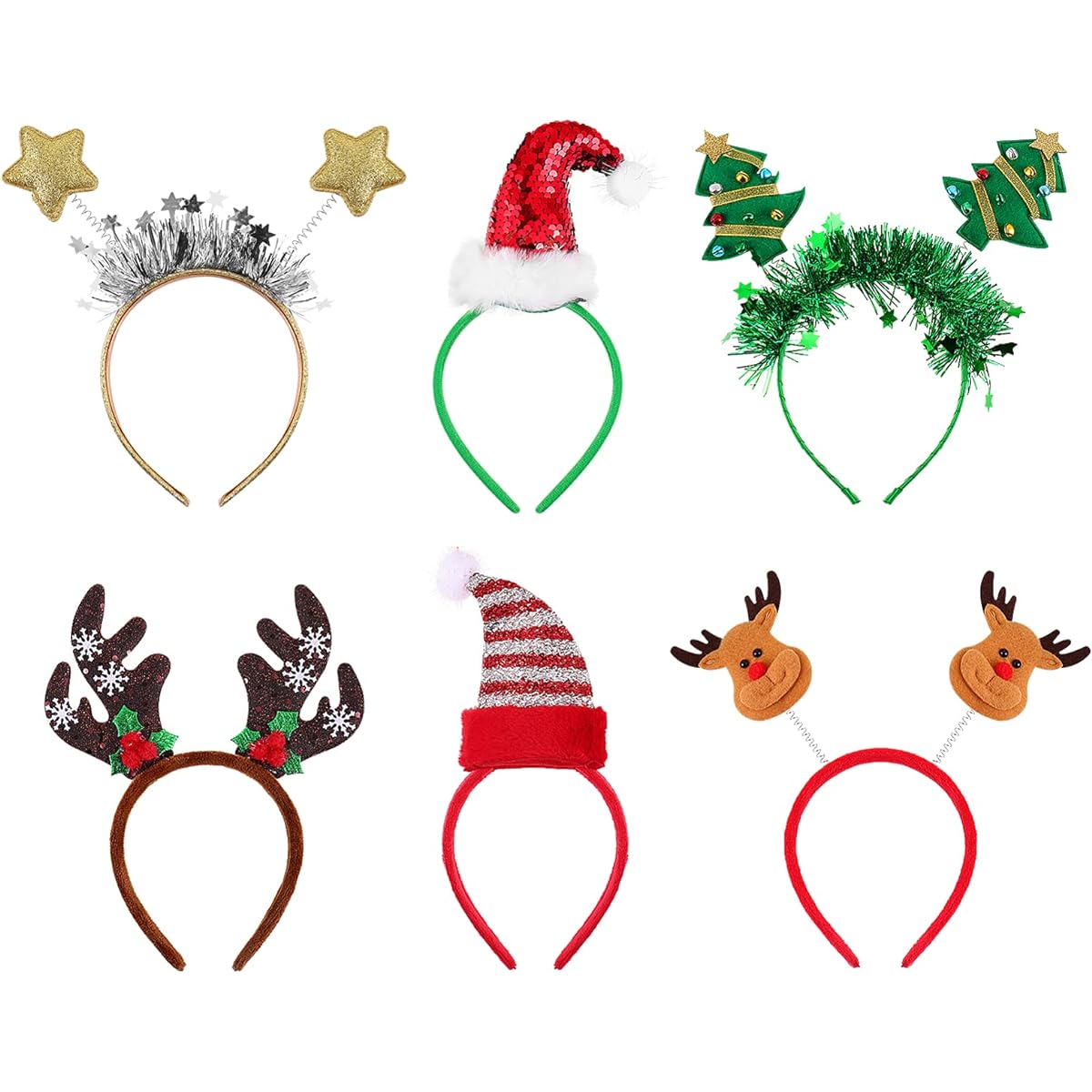 Lurrose Christmas Headband Elf Party Hat Christmas Tree Reindeer Headwear Sequins Christmas Hair Hoop Christmas Party Favors Accessories 6 Pieces
