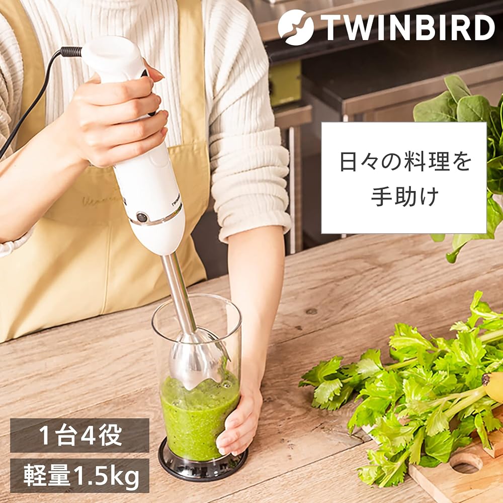 Twin Bird Tsubame Sanjo Handy blender with chopper, 4 functions in 1, lightweight, 2-speed adjustment, motor protection device included, baby food, dressing making, scale included, juice making, stainless steel [1 year manufacturer's warranty] White KC-4