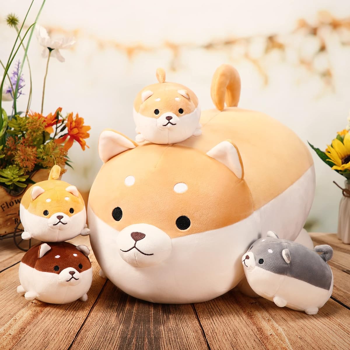 Glimin 5pcs Stuffed Animals Mommy Baby Dog Pillow 17.7" Shiba Inu Stuffed Animal 5.9" Small Corgi Dog Puppy Baby Stuffed Animal Pillow 4 in 1 Puppy Belly Dog Birthday Plush Toy Gift for Girls Boys