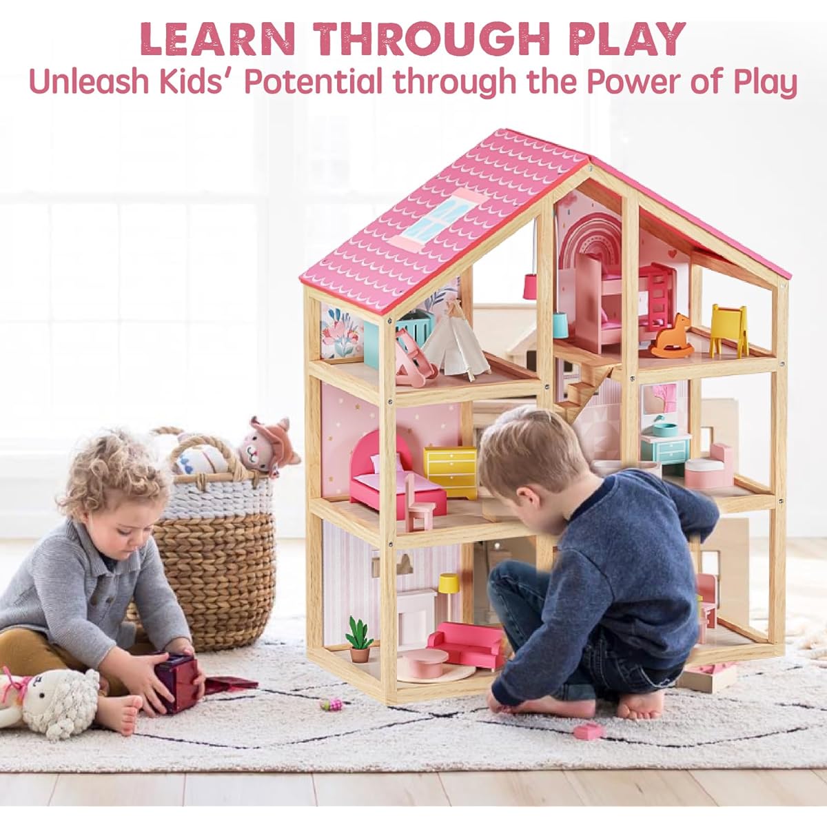 Tiny Land Wooden Dollhouse 6 Rooms Wooden Dollhouse DIY Pretend Dream House with 30 Furniture Accessories, Great Gift for Girls Ages 3+
