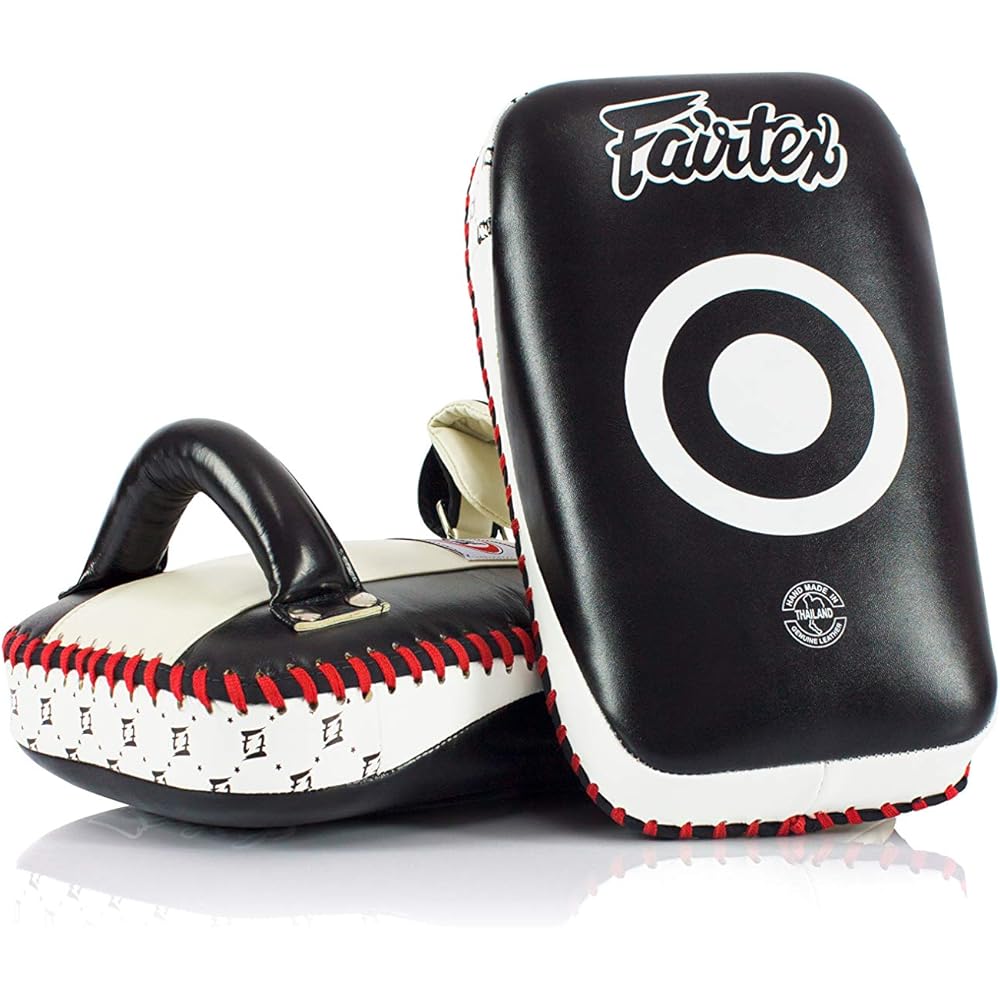 Fairtex Curved Thai Kick Pads are Paired in Size Standard, Extra Thick Color Black/White Kicking Pads for Muay Thai, Boxing, Kickboxing, MMA