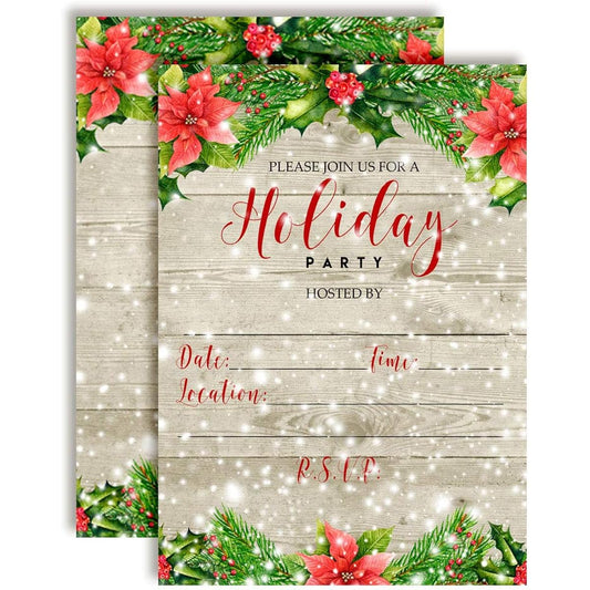 Amanda Creations Winter Snow Red Poinsettia Holiday Party Invitations - 20 5"x7" Cards - 20 White