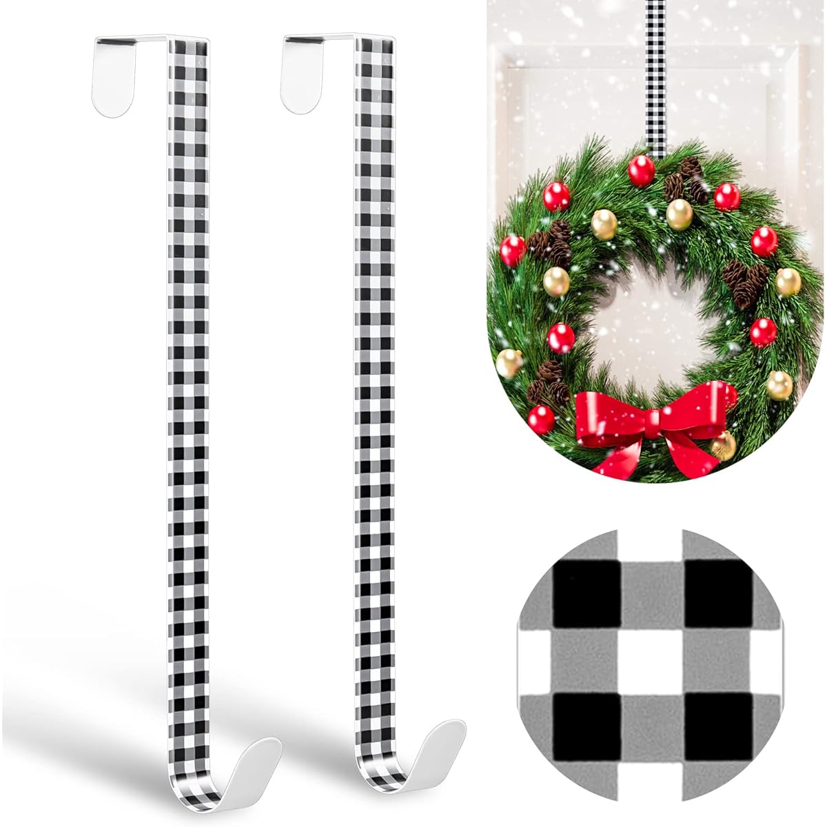 Whaline Christmas Wreath Hanger Over Door Buffalo Check Metal Wreath Hook White Black Plaid Hook Christmas Party Wedding Decor Wall Home Office Clothes 15 Inch 2 Pieces