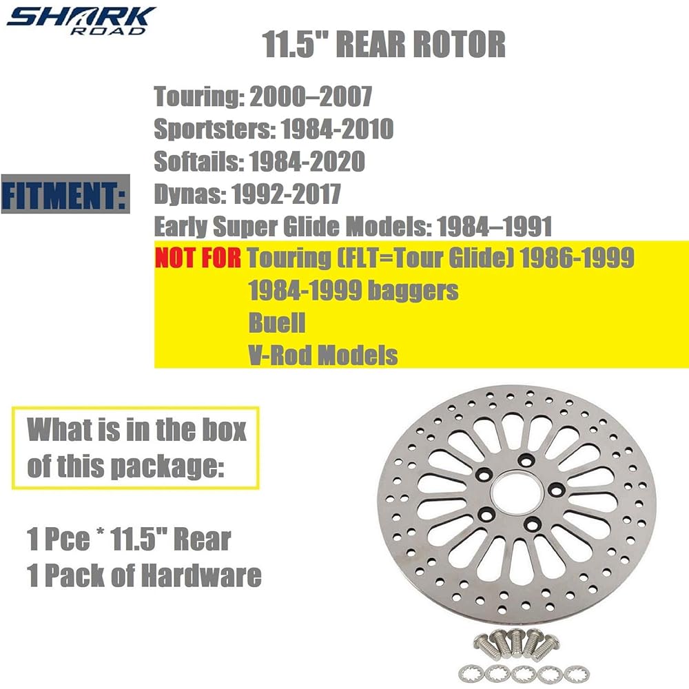 SHARKROAD 11.5” Rear Brake Rotor and Bolt Set For 1984-2013 Harley Touring Super Spoke Polished Stainless Steel
