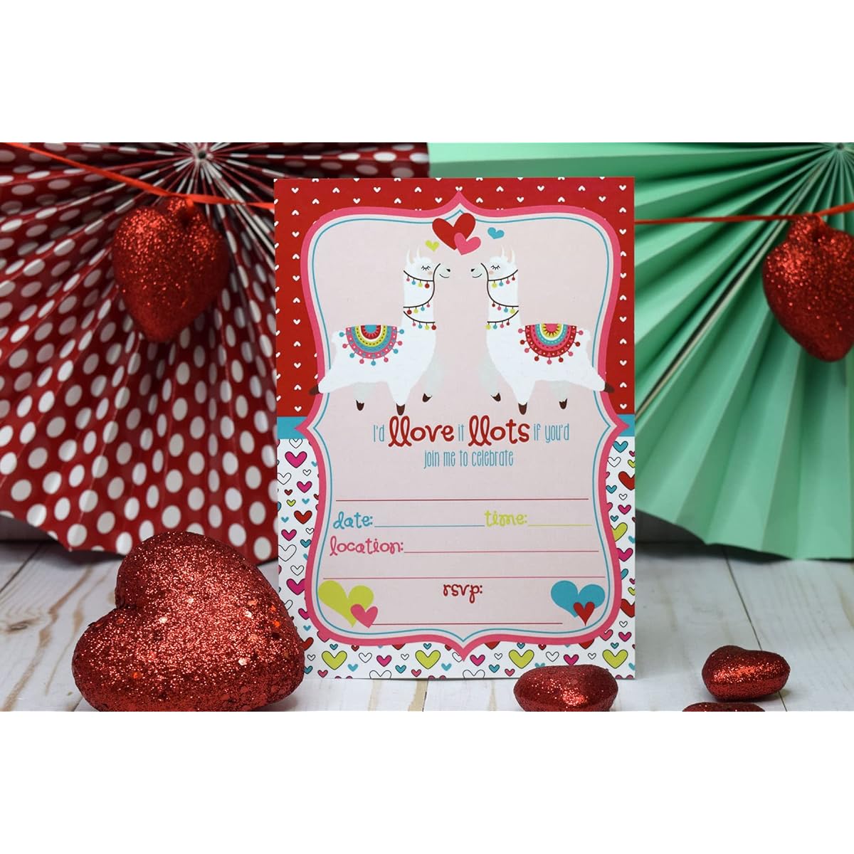 AmandaCreation Llama in Love February Valentine's Birthday Party Invitation 5"x7" Card with 20 White Envelopes