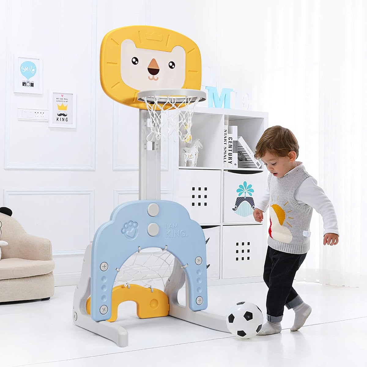 Costzon Kids Basketball Hoop, Toddler Sports Activity Center with 5 Height Adjustments, Basketball, Soccer, Golf Game Set, Indoor Outdoor Basketball Hoop Set, Great Gift for Babies and Toddlers (Yellow Lion)