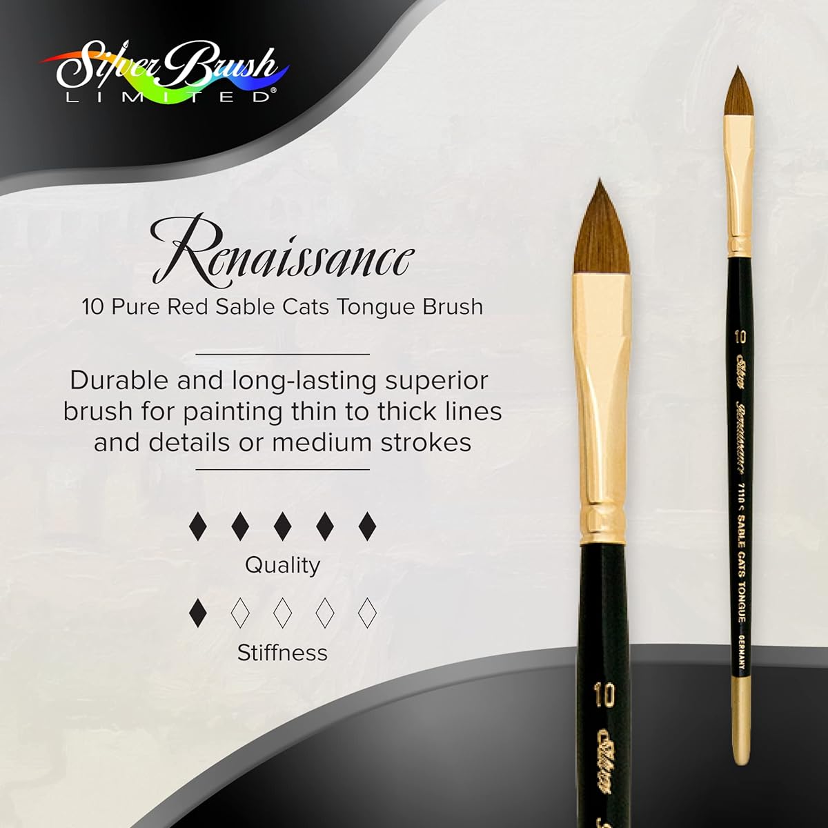 Silver Brush 7110S-10 Renaissance Pure Red Sable Short Handle Premium Quality Brush Cat Tongue Size 10