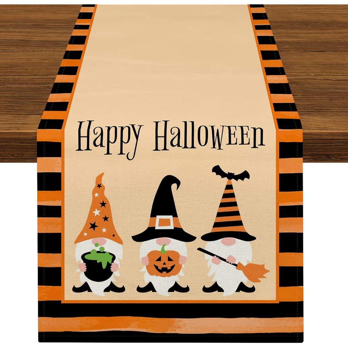 Halloween Gnome Table Runner Orange Stripes Witch Table Runner 72" Long Kitchen Dining Table Decorations Holiday Wedding Party Indoor Outdoor Decor