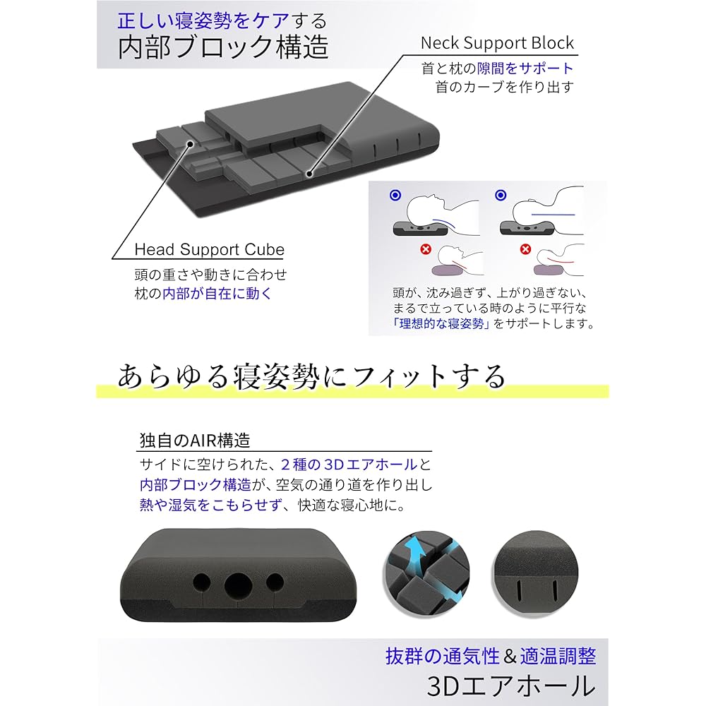 Charcoal Sleeping SUMIMIN 3D Zero Gravity Pillow, Pillow, Stiff Shoulder, Neck Pain, [3D Zero Gravity Pillow with Activated Carbon Formulated with NASA Developed Material] GUTNAP Official Makura