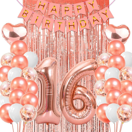 16 Birthday Decorations for Girls, Happy Birthday Rose Gold Banner Balloons, 16th Birthday Party Decorations, 16 Balloons Number
